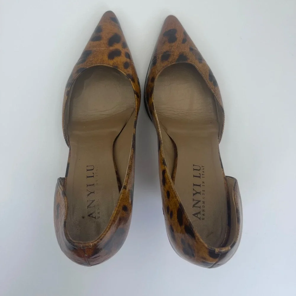 Anyi Lu Leopard Print Pumps Womens 39 Brown Good Leather‎ d'Orsay Pointed Toe